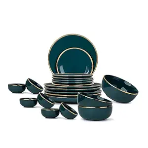 Ceramic Dinner Set, 21 Pcs, Teal Gold | Shay Goldline Series | Crockery Set for Dining Table | Dining Sets Crockery Items | Glossy Finish | Premium Ceramic (Teal Gold, 21 Pieces)